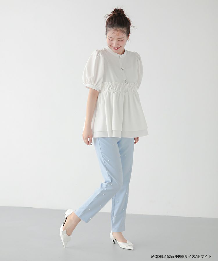 ファッション通販 安い フラワーボタンペプラム半袖ブラウス【宅配便】 | Fit more トップス