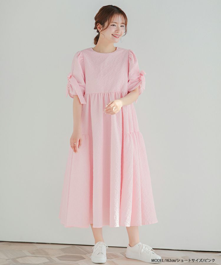Fit more ワンピース 袖リボン裾フリルワンピース レディース