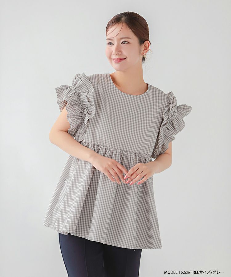 Fit more フィットモア 袖フリルギンガムペプラムブラウス ブラック 袖フリルギンガムペプラムブラウス【宅配便】 | Fit more