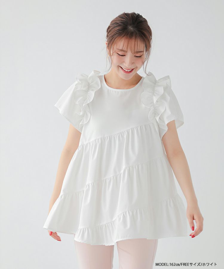 フィットモア　fitmore⭐︎ タックパール袖ティアードトップス　ホワイト Fit more タックパール袖ティアードトップス レディース