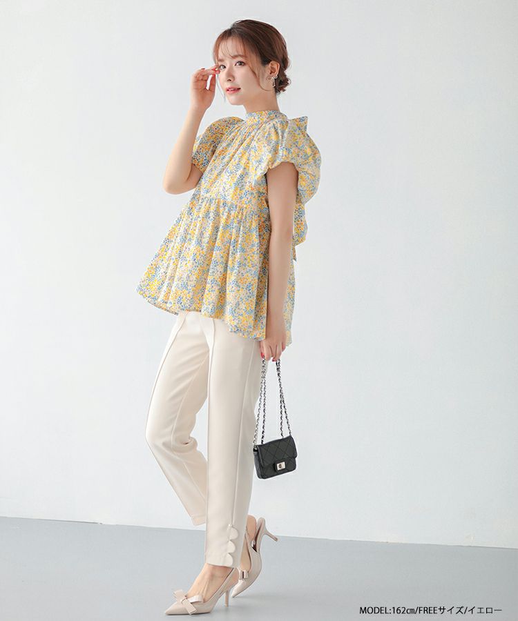 fitmore 花柄ボウタイペプラムブラウス　イエロー 花柄ボウタイペプラムブラウス（シャツ/ブラウス）｜Fit more