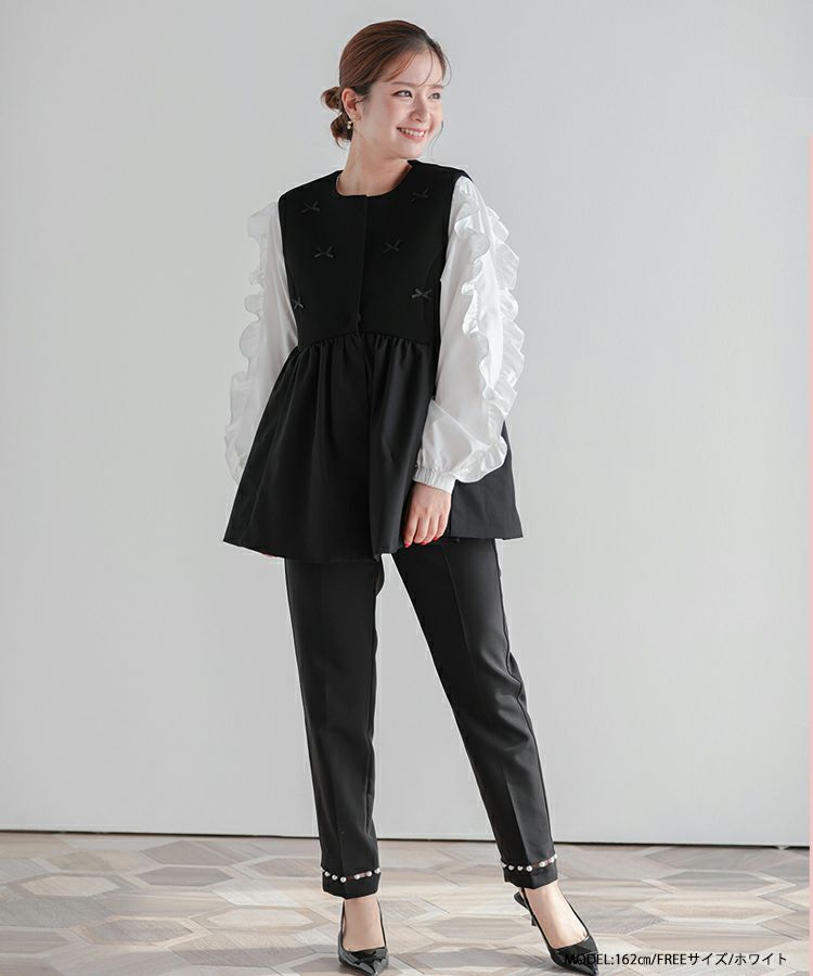 新品【フィットモア】 フリルスリーブティアードブラウス　　ネイビー Fit more ブラウス シャツ フリルスリーブティアードブラウス