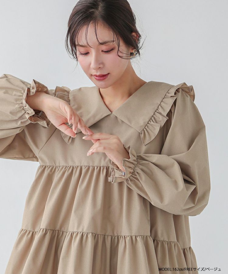 新品未使用✨Fit more ネックフリルティアードブラウス 長袖 ネイビー フリルスリーブティアードブラウス（シャツ/ブラウス）｜Fit