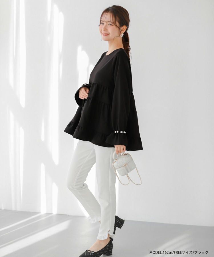 フィットモア　fitmore⭐︎ タックパール袖ティアードトップス　ホワイト タックパール袖ティアードトップス【宅配便】 | Fit more