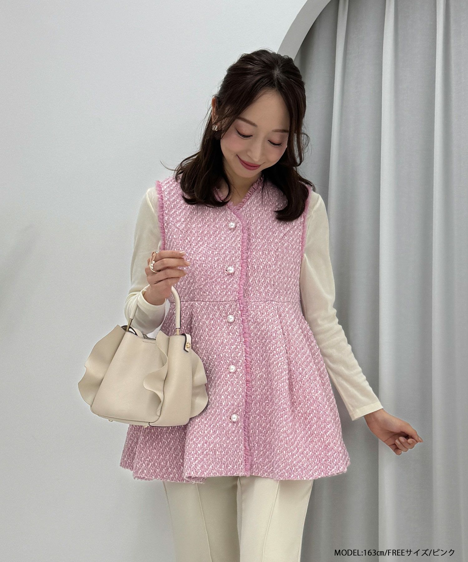 MIKIコラボ！パールボタンツイードペプラムジレ【新色グレー追加