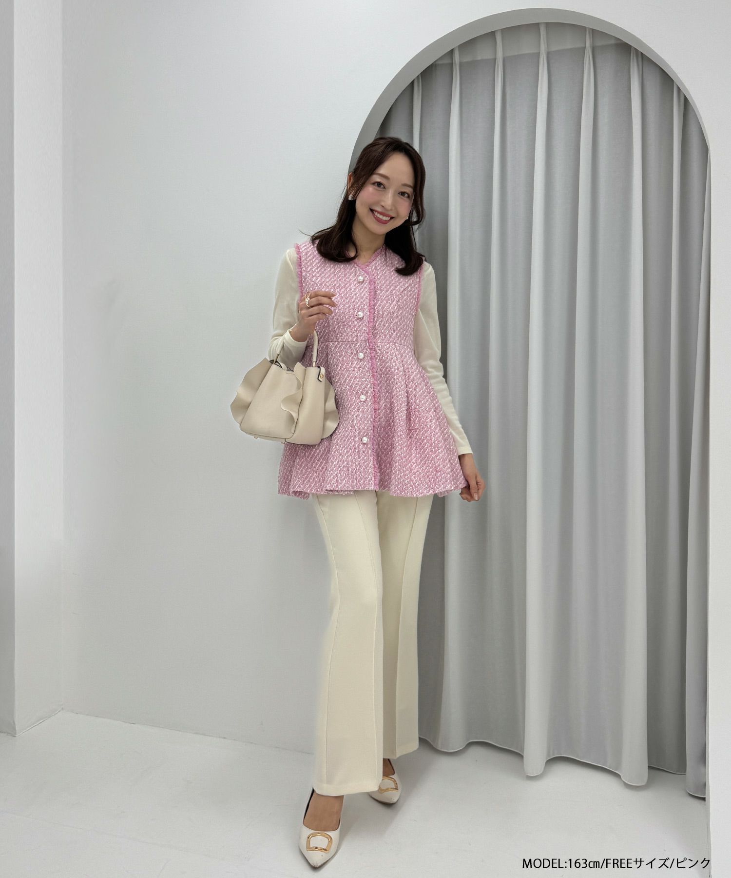 MIKIコラボ！パールボタンツイードペプラムジレ【新色グレー追加