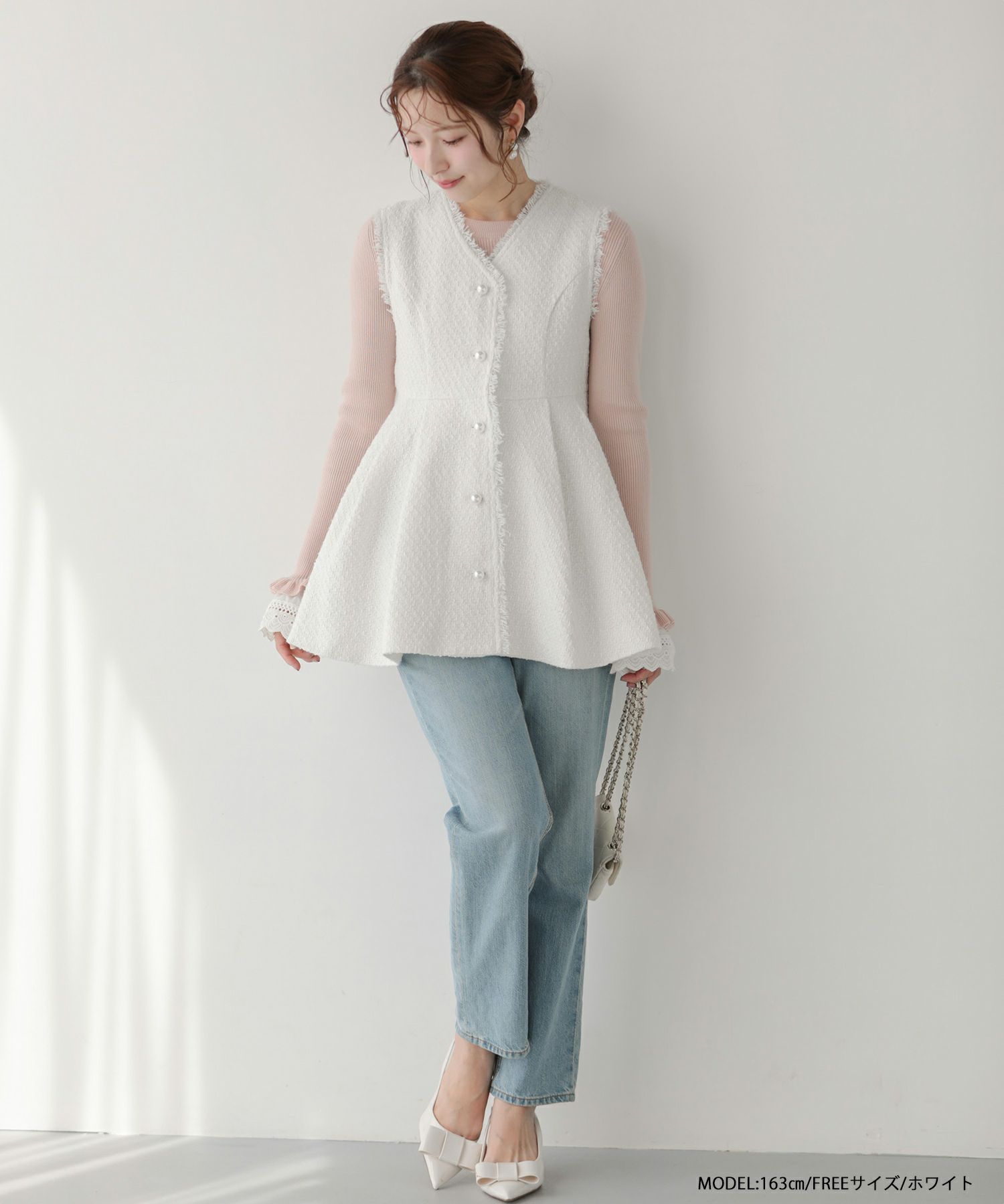 MIKIコラボ！パールボタンツイードペプラムジレ【新色グレー追加