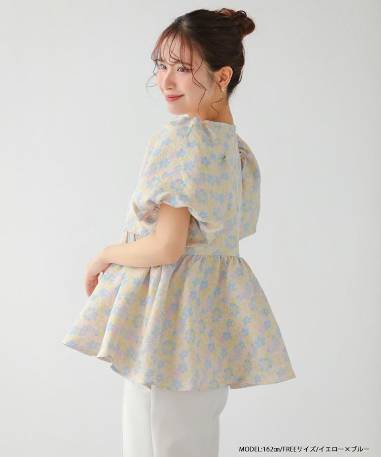 Fit more ブラウス シャツ 花柄ボウタイペプラムブラウス
