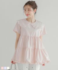 新品未使用♡ ドット刺繍スカラップカラーギャザートップス　 半袖fitmore ドット刺繍スカラップカラーギャザートップス【宅配便】 | Fit more