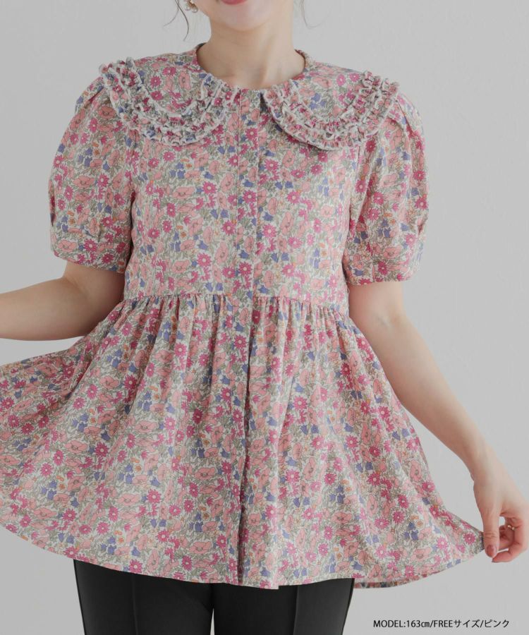 Fitmmore ミニフリル襟 ペプラム 花柄ブラウス ミニフリル襟ペプラム花柄ブラウス【宅配便】 | Fit more
