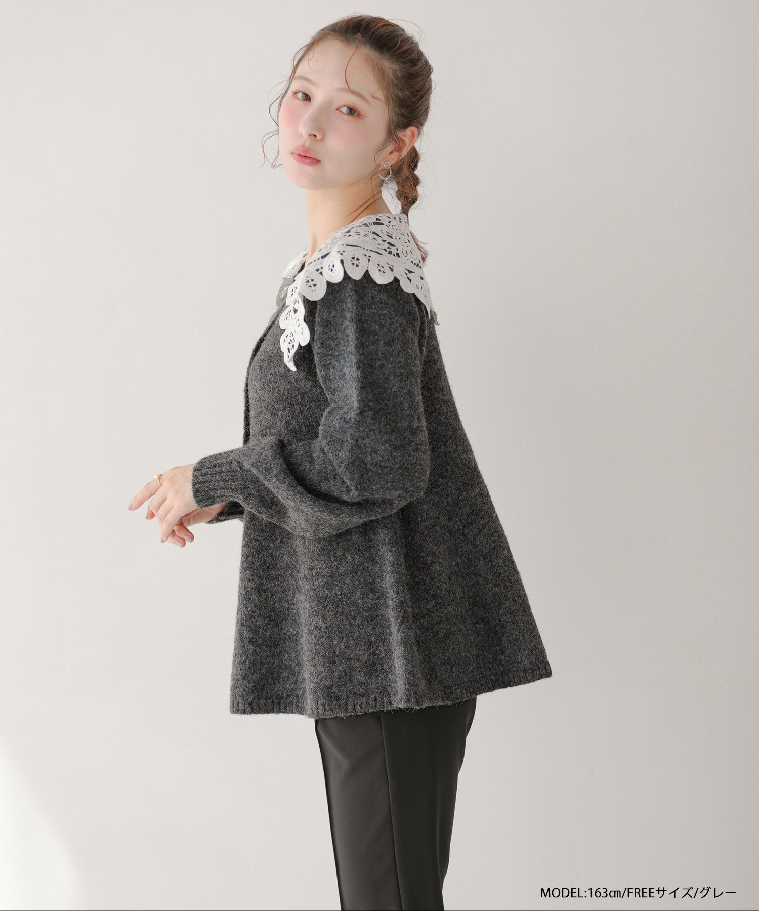 ♡新品♡タグ付き♡ バテンレース衿カーディガン♡グレー♡ バテンレース衿カーディガン【宅配便】 | Fit more