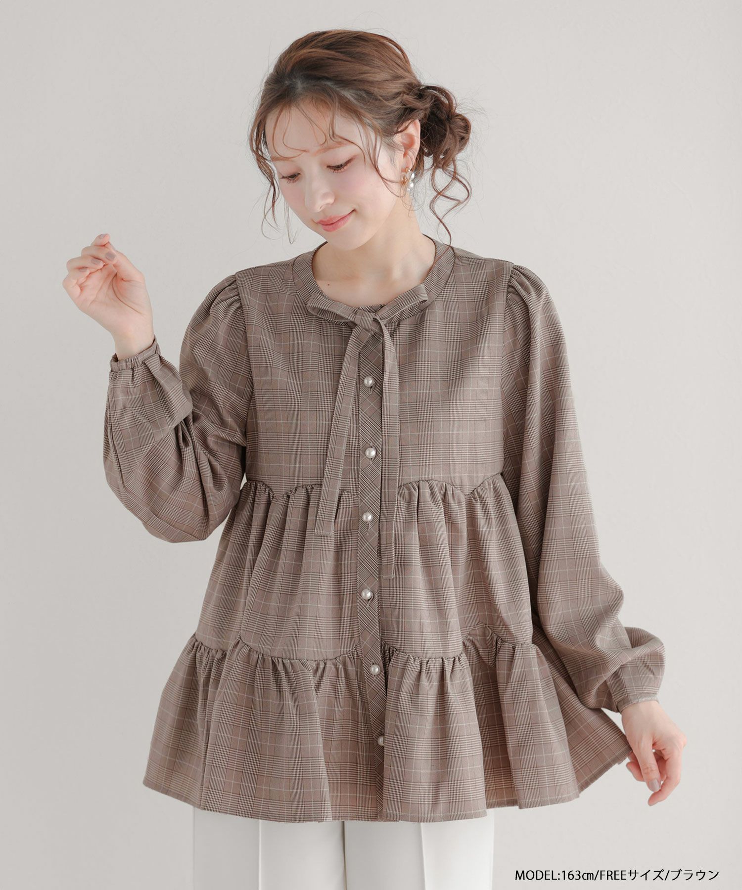 新品 fitmore グレンチェックティアードブラウス ブラウン グレンチェックティアードブラウス【宅配便】 | Fit more