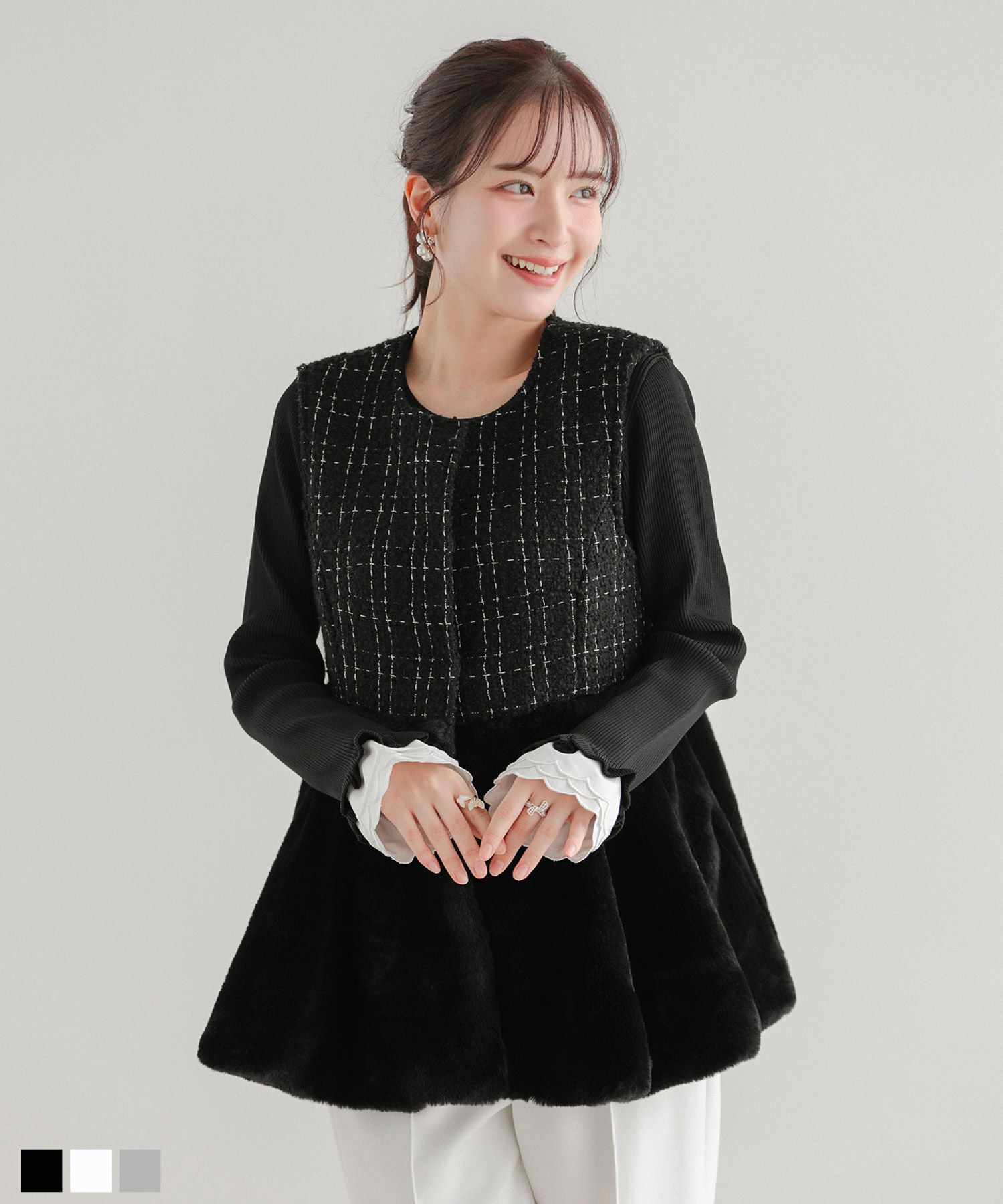 MIKIコラボ！パールボタンツイードペプラムジレ【新色グレー追加