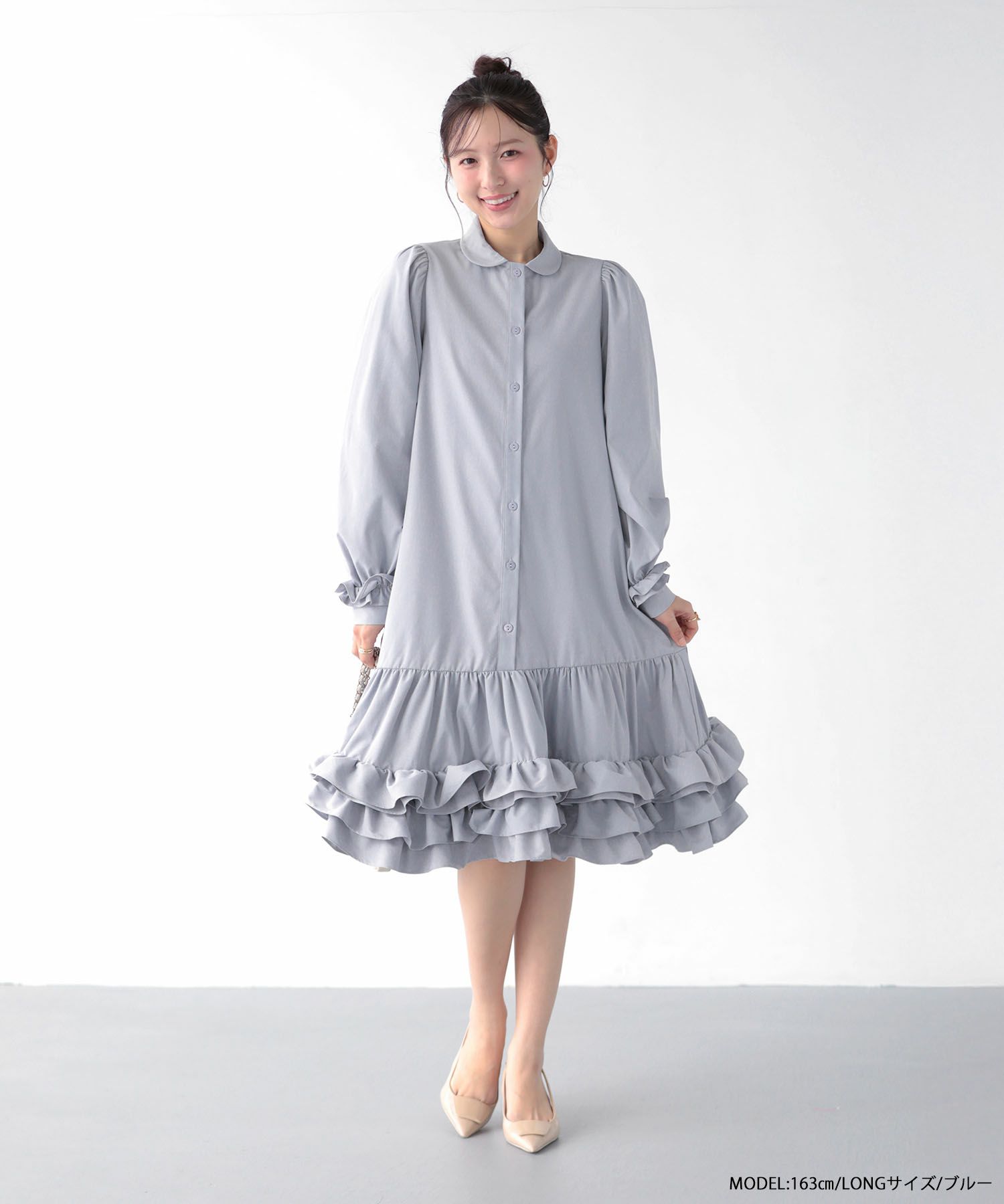 裾ダブルフリルシャツワンピース【予約3/5～順次発送】【宅配便