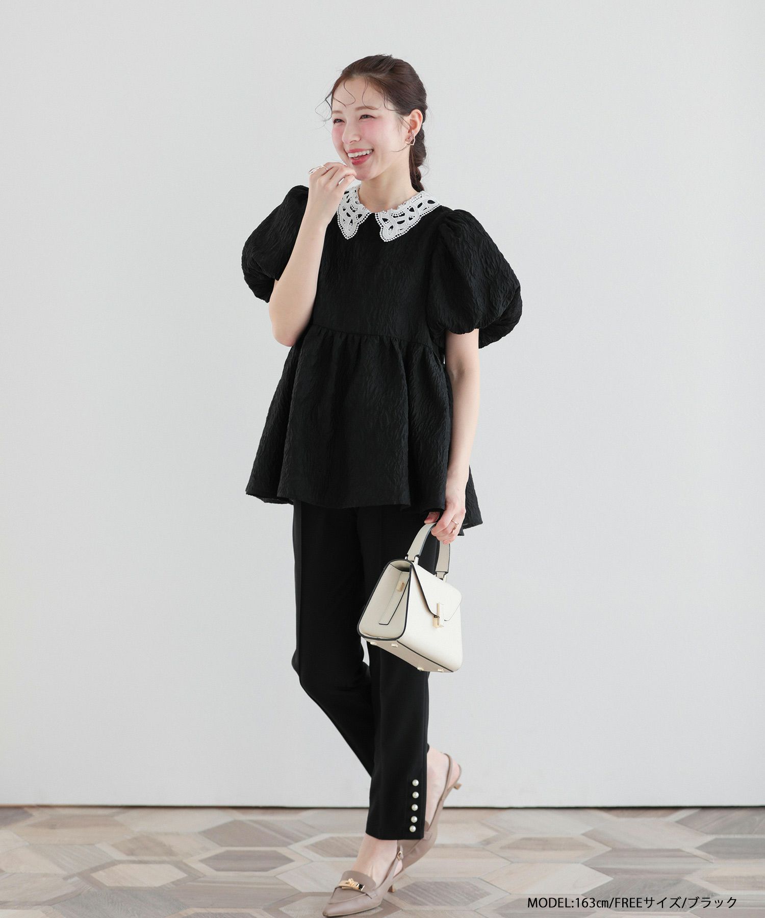 レース衿ジャガードペプラムトップス 【予約3/27～順次発送】【宅配便