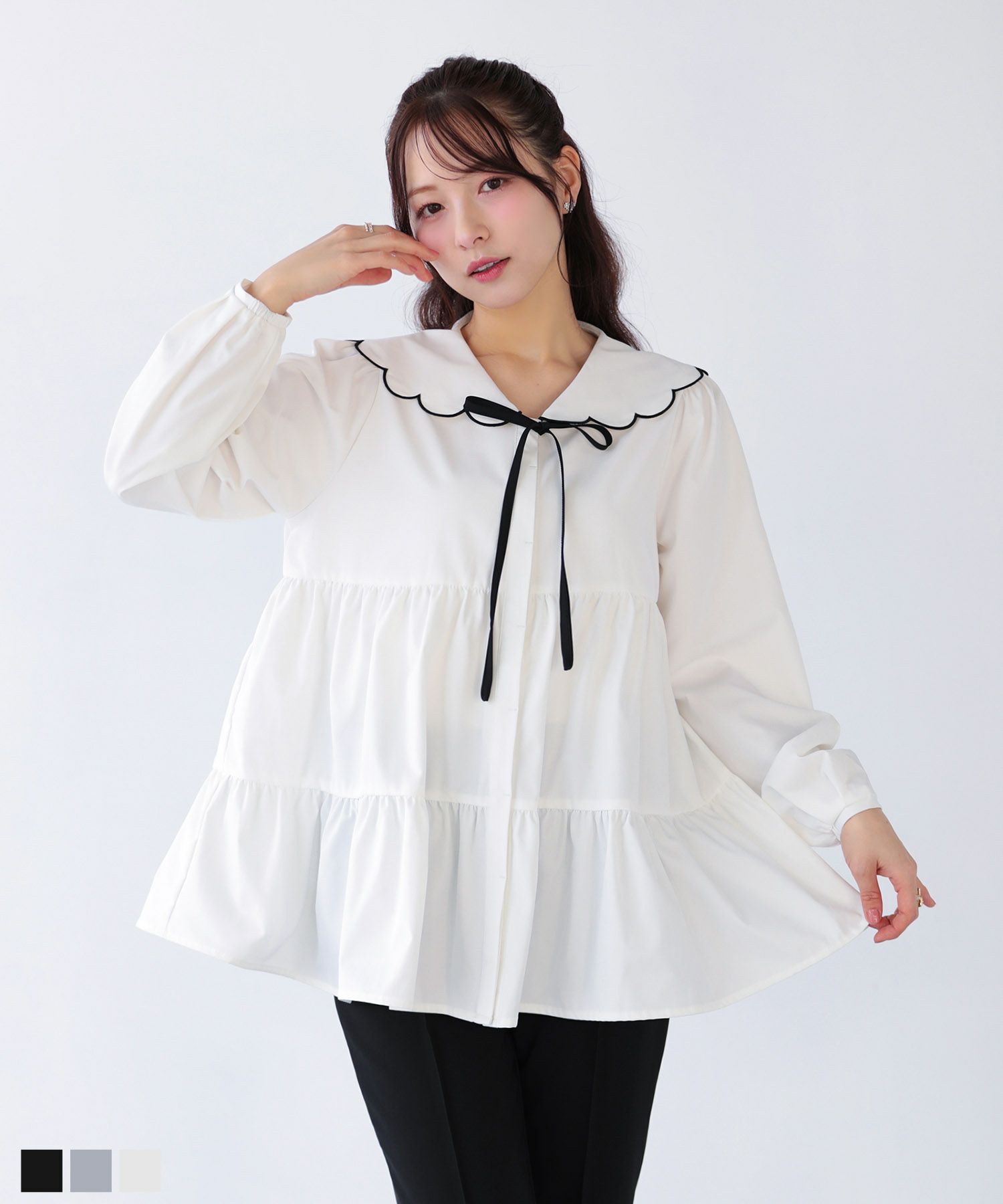 フラワー刺しゅう裾スカラップトップス【予約3/27～順次発送】【宅配便